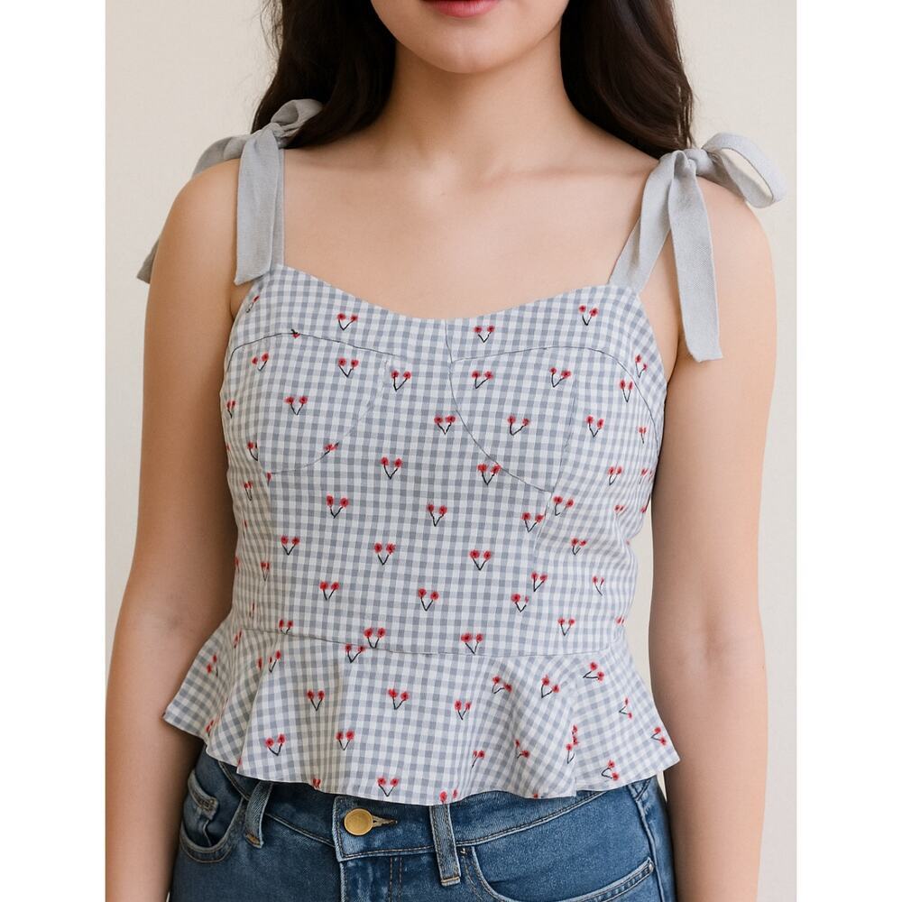 Adore Size Small Avery Top Crop Blue Cherry Print Cotton Smocked Tie Shoulder